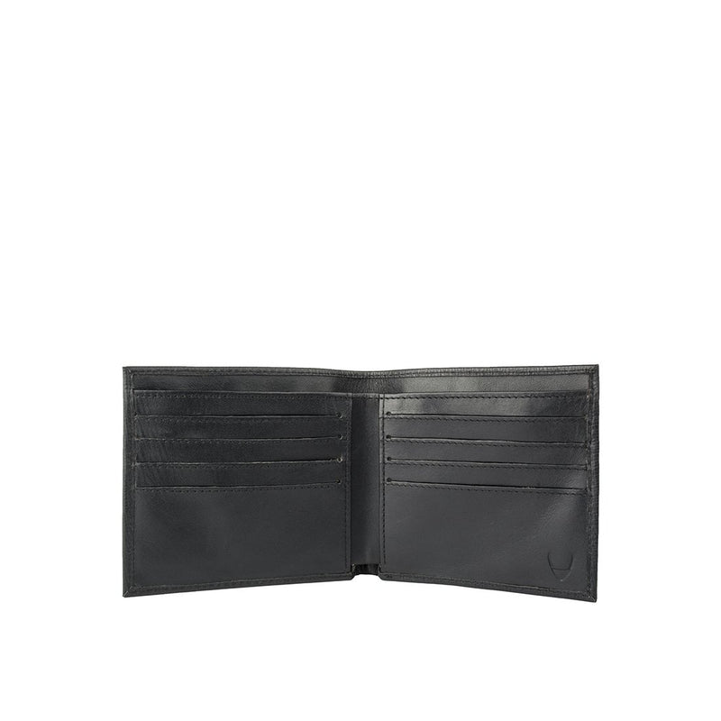 Open black leather bi-manhattan fold wallet revealing multiple card slots & a subtle debossed logo.